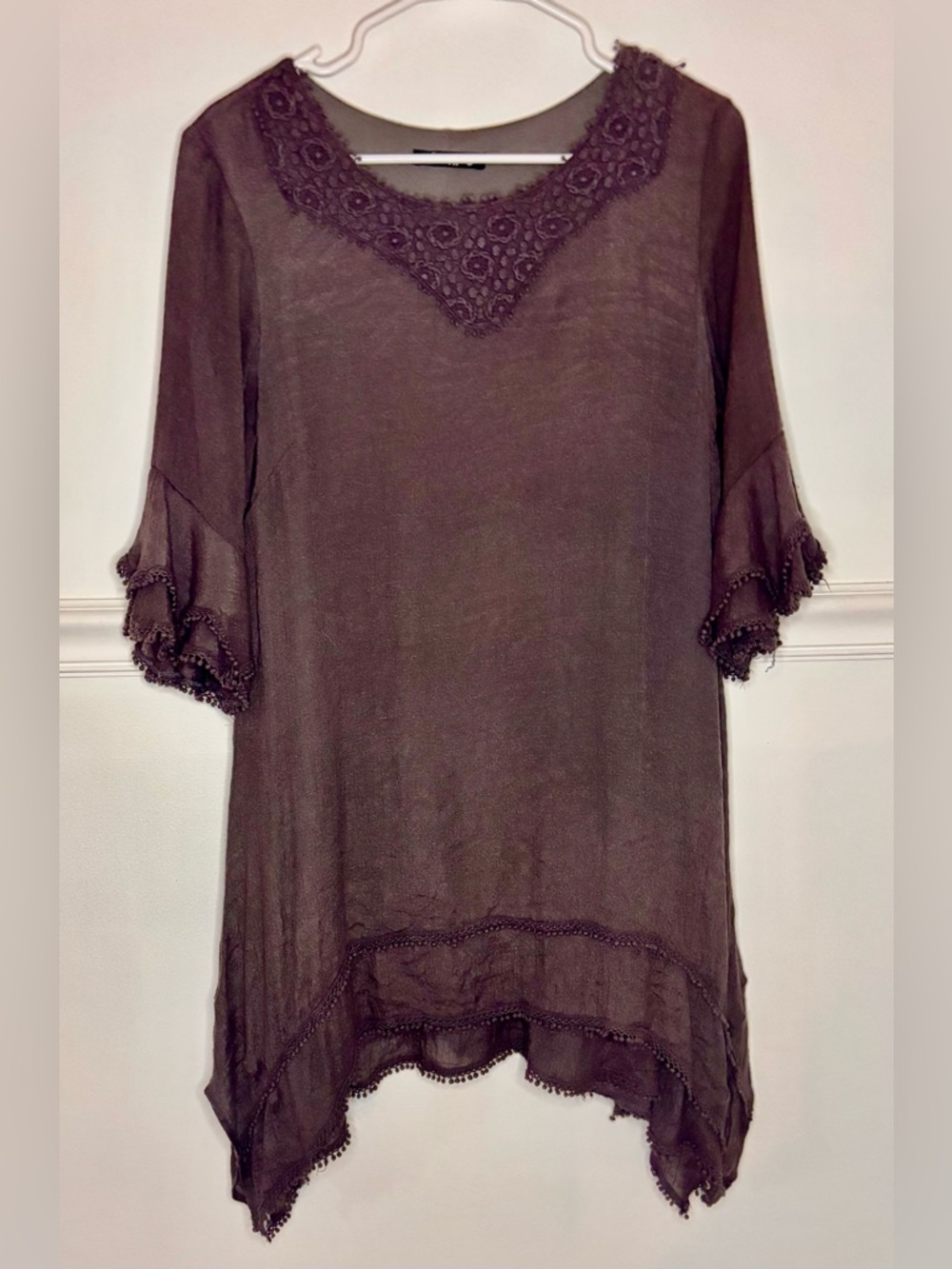 Boho Crochet-Trim Tunic Top - Dark Grey